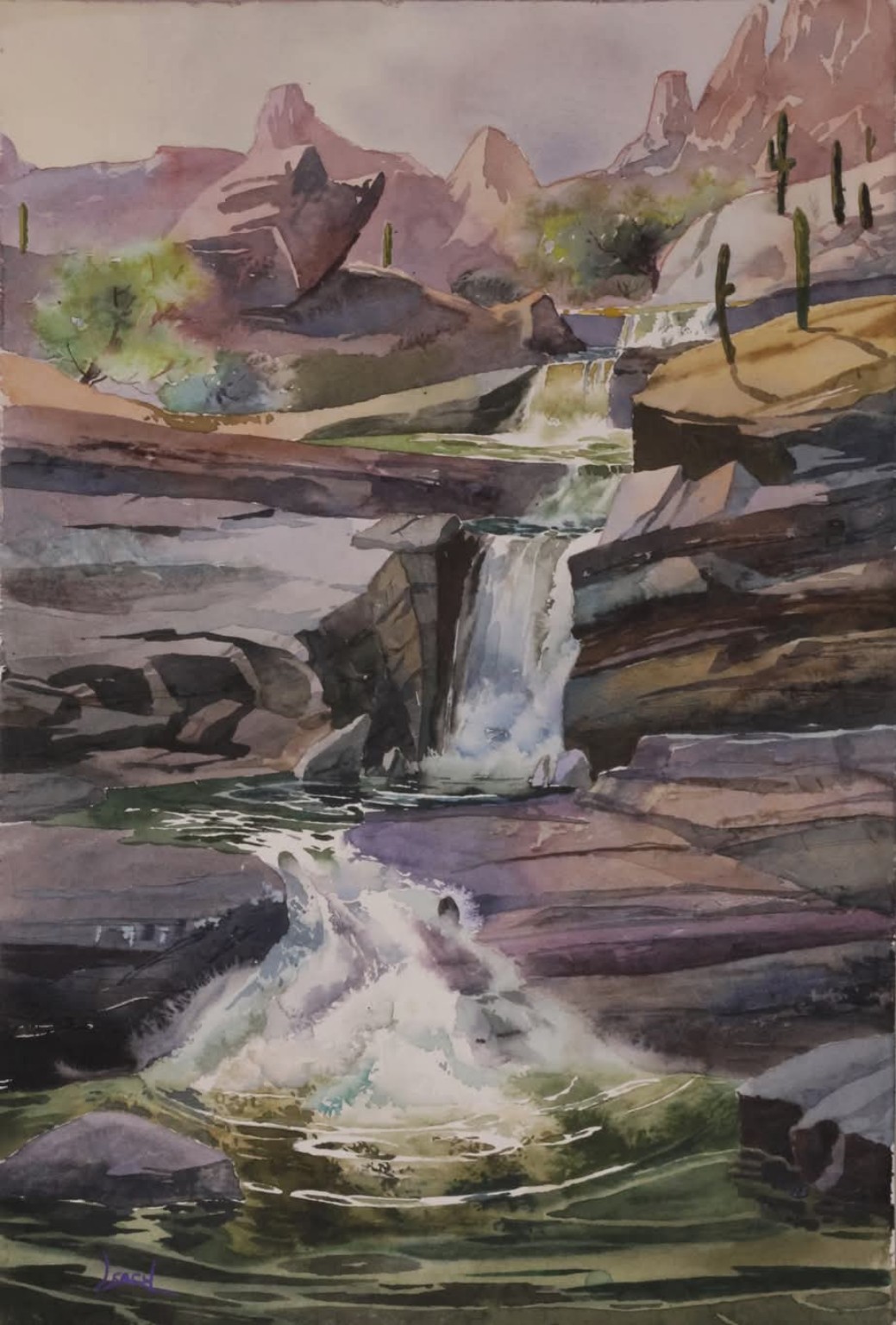 Water cascading through a desert rock landscape