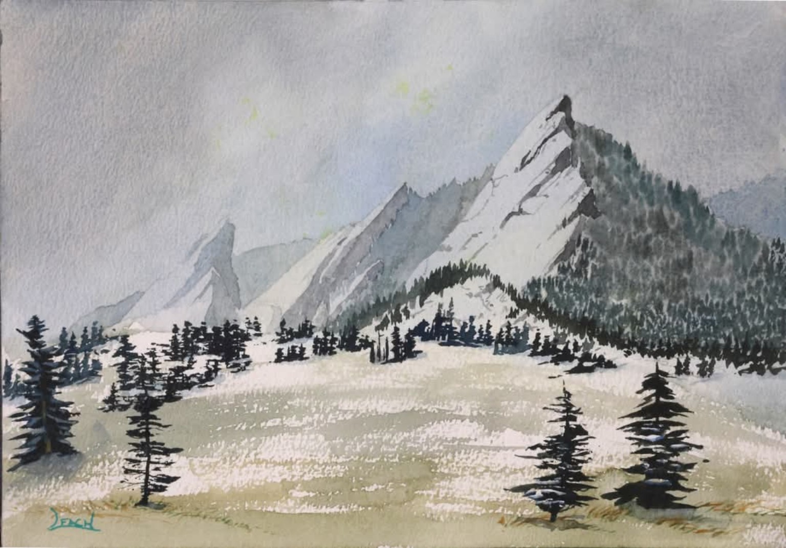 Snowy mountain peaks and evergreen trees beneath a gray sky