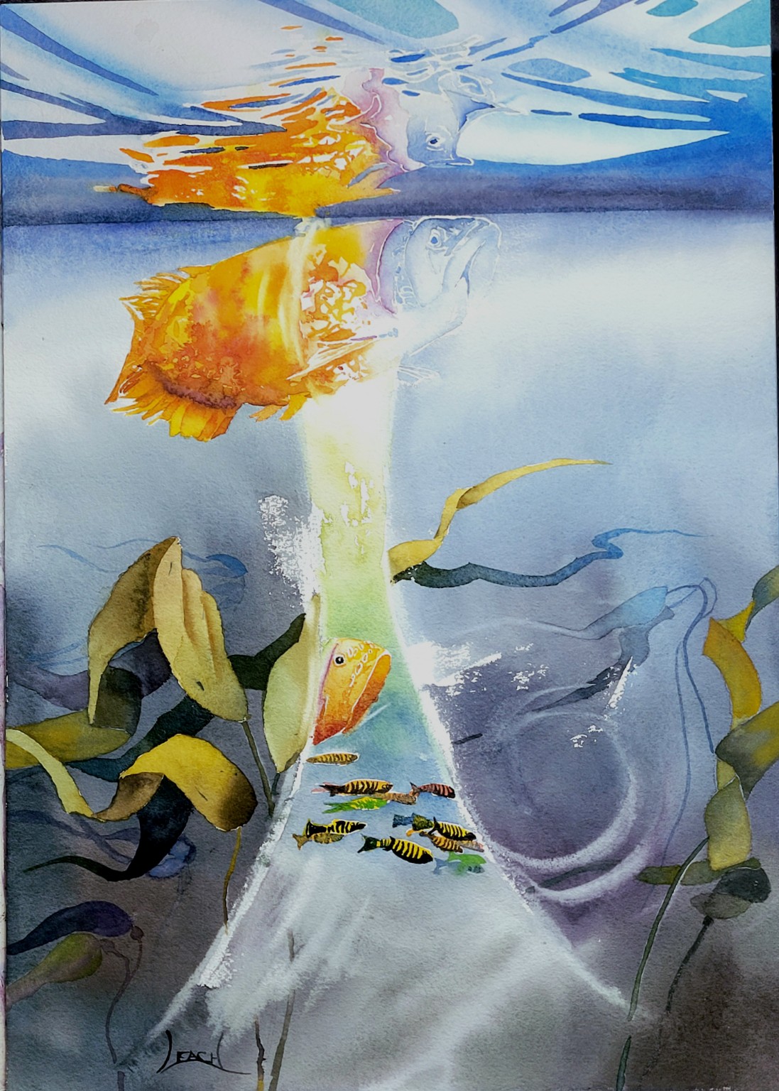Traveler: a luminous underwater figure among fish and flowing kelp