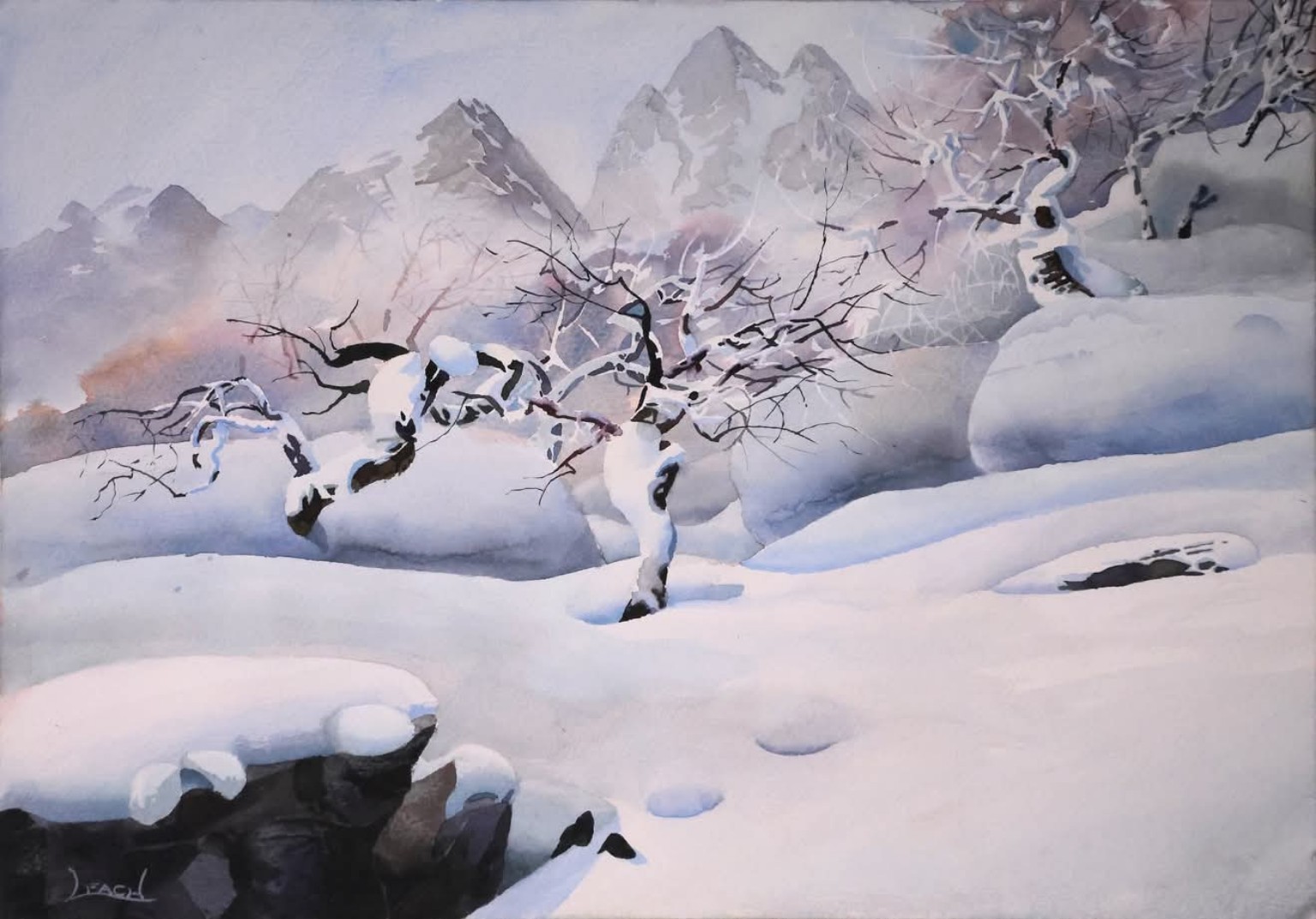 Breaking Trail: A winter landscape in lavender and blue.